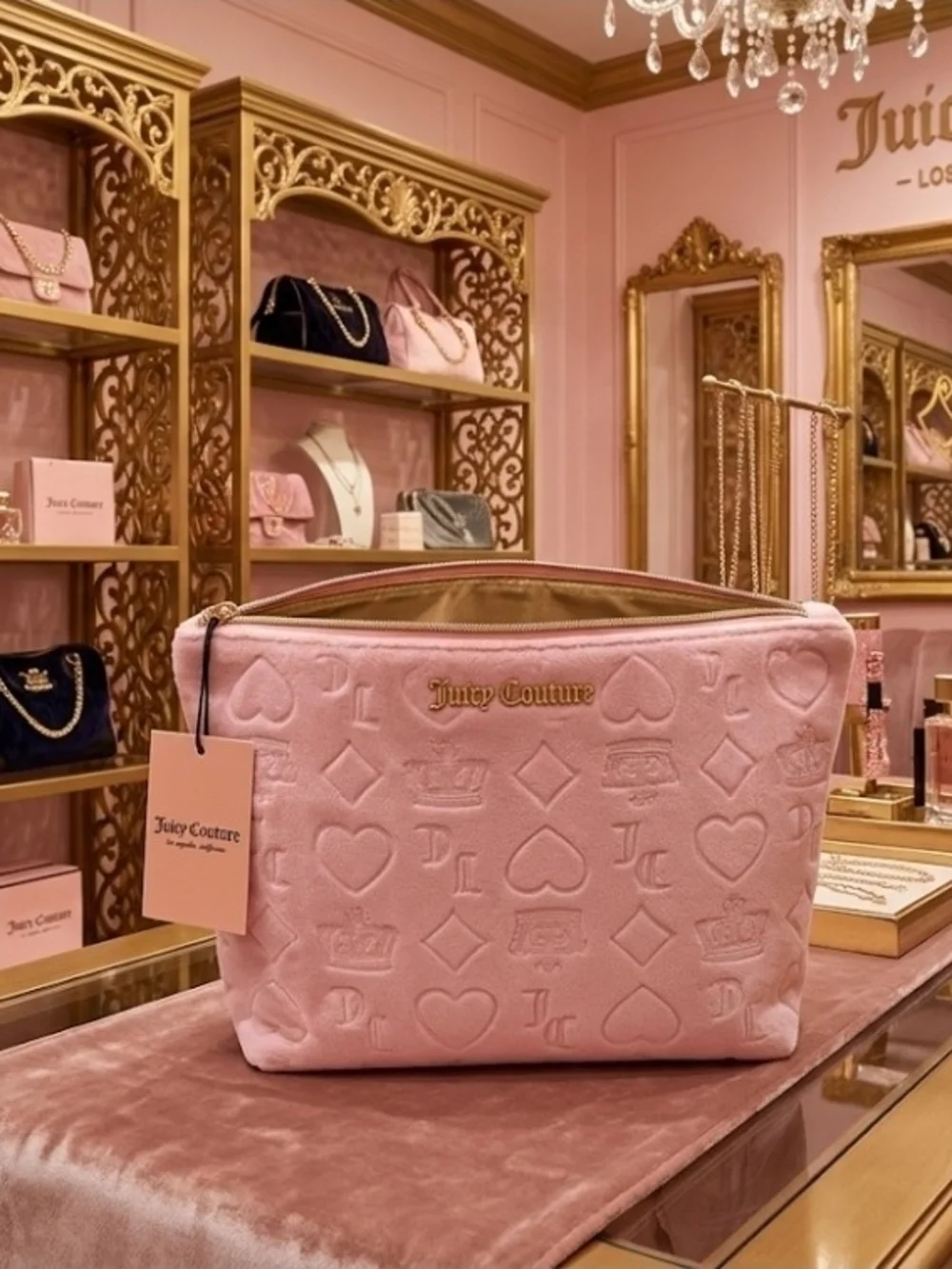 Juicy Couture Pink Embossed Cosmetic Pouch With Bottle-NWT!